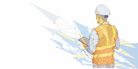 Construction worker examining blueprint with digital network overlay abstract design