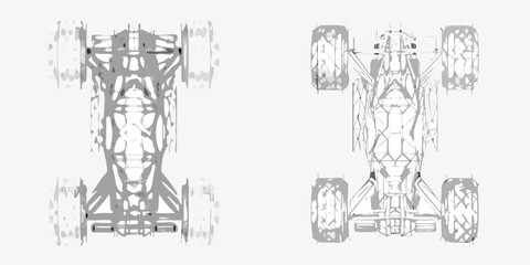 Fototapeta premium Detailed top down view of two formula one race cars line art style