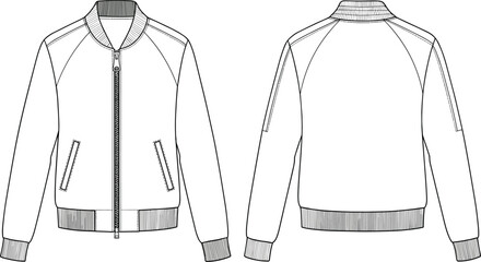 cad drawing flat vector illustration, bomber jacket front back view, fashion technical sketch outerwear template with ribbed collar and cuffs © Ali