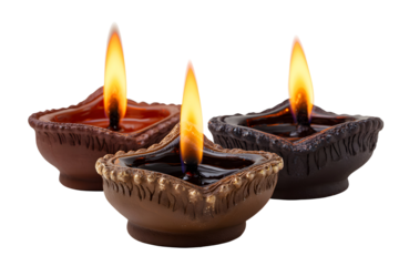 Traditional Indian Clay Oil Lamps, Close-up, isolated on transparent background