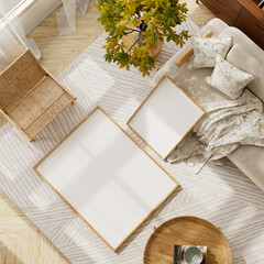 Mock-up poster frame in a neutral living room interior with wooden furniture, soft natural light, and cozy minimalist design details. 3D illustration.