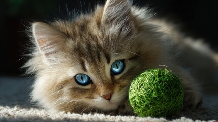 playful fluffy kitten with blue eyes interacts with green toy ball natural light illuminates scene highlighting cat fur and toy texture ecofriendly pet care theme for sustainable lifestyle