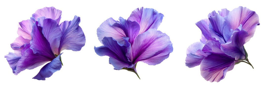 Set of Vibrant purple sweet pea flower cluster with stems detailed petals on transparent png background. Ai generated - Powered by Adobe