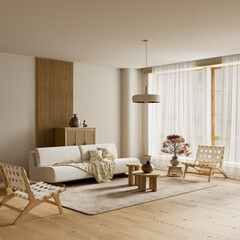Wide angle Scandinavian living room with warm wooden textures, soft neutral tones and a spacious minimalist layout that enhances depth. 3D illustration
