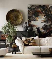 Bold japandi interior design emphasizing contrast, minimal composition and natural textures to create a modern living space with refined balance and visual confidence. 3D illustration