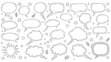 Fototapeta premium A collection of various hand drawn speech bubbles thought bubbles and decorative elements in black and white