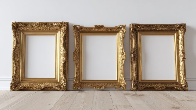 three gold ornate frames mockup elegant interior design empty frames wall decor keywords frames mockup