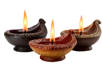 Traditional Indian Clay Oil Lamps, Close-up, isolated on transparent background