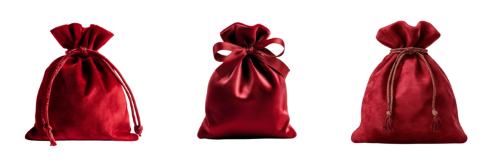 Set of Neatly stacked velvet drawstring storage bags in a gradient of jewel tones on transparent png background. Ai generated