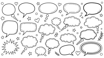 A collection of hand drawn speech bubbles hearts stars and decorative elements in a black and white sketch