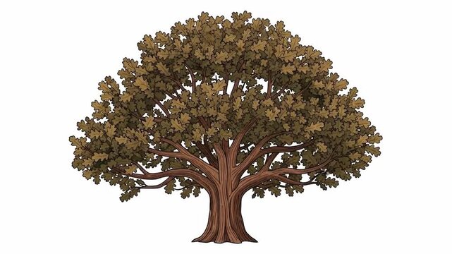 Illustrated broad oak tree with lush canopy and sturdy trunk isolated on white background.