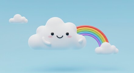 Cartoon cloud with rainbow on blue sky background for illustration