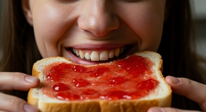 Woman eating bread with red jam close up culinary enjoyment and food