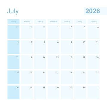 2026 July wall planner in blue color, week starts on Sunday.