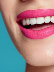 Obraz premium happy teen girl face with dental healthy wide smile and trendy pink makeup laughing isolated on blue background white perfect teeth dentistry and skin care teenage cosmetic concept close up view no l