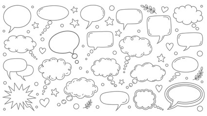 Fototapeta premium A collection of hand drawn speech bubbles stars hearts and decorative elements in a black and white style