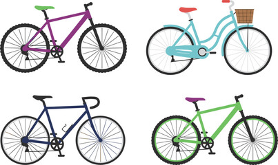 Colorful bicycle illustration set featuring mountain bike, city cruiser, road bike, and hybrid bicycle designs, flat vector style, isolated on white background