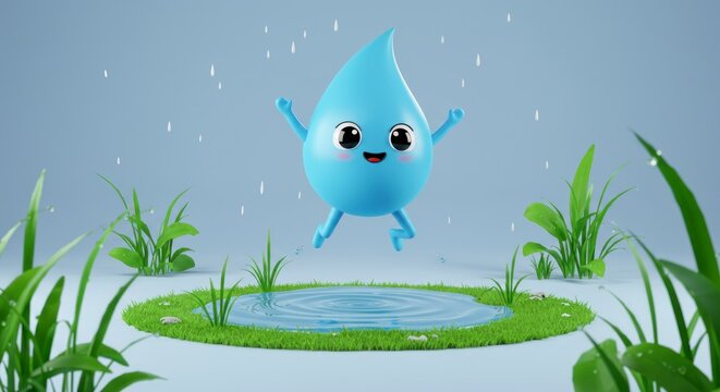 Cartoon water drop character enjoying rain with smiling face against blue