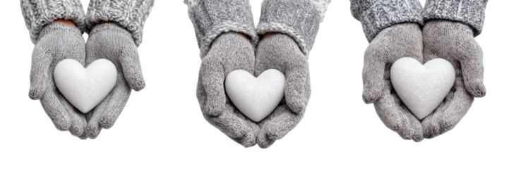 Set of Knitted glove hands carefully holding a heart shaped image placeholder on transparent png background. Ai generated
