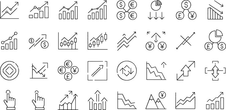 Collection of financial and business growth charts and icons illustrating investment, profit, and analysis, with currency symbols