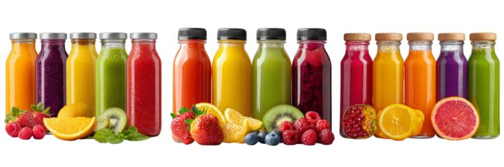 Set of Fresh oranges strawberries and mango slices creating a dynamic juice splash on transparent png background. Ai generated