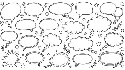 Fototapeta premium A collection of various hand drawn speech bubbles thought bubbles and decorative elements in black and white