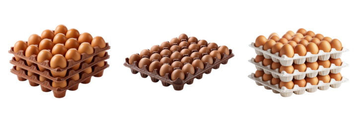 Set of Fresh chicken eggs neatly arranged in a paper tray on transparent png background. Ai generated
