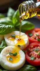Pouring extra virgin olive oil over fresh caprese salad with mozzarella, tomatoes and basil.