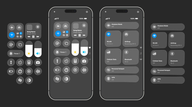 Apple iOS Control Center interface showing quick settings toggles connectivity controls media playback focus modes brightness volume sliders and dark system UI