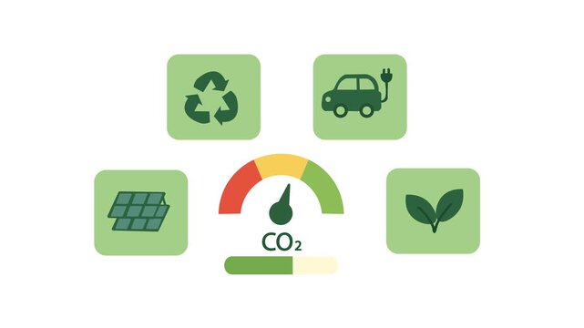 Eco Score Dashboard With Sustainability Icons And CO2 Meter Flat design animation. with Renewable energy solar panels, electric car, recycling symbol, plant growth icon, Environmental awareness 
