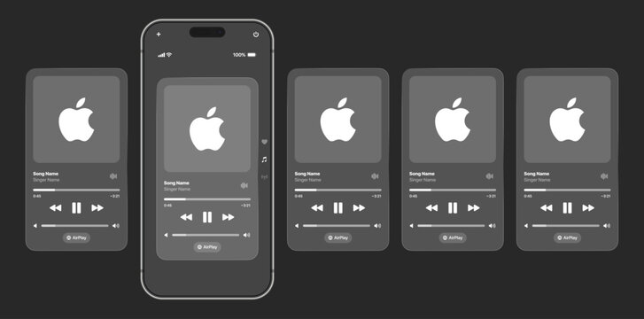 Apple Music iOS now playing widget interface displaying lock screen media cards playback controls progress bar and dark minimalist system design