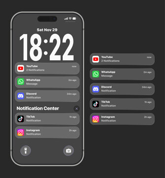 Apple iOS lock screen notification center displaying time date stacked alerts app icons for YouTube WhatsApp Discord TikTok and Instagram in dark system interface