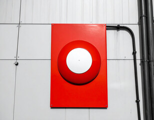 Red rectangular fire alarm panel with a circular red and white button fire safety