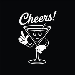 Cheers Cocktail Cartoon Character Line Art for T-Shirt Sticker and Party Print Design