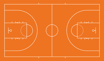 Basketball court line diagram in top view with white outlines on bright orange background. © LWN Studio