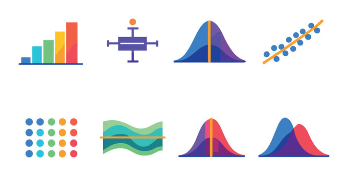Colorful statistical data visualizations: bar, box plot, bell curve, line graph