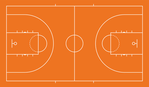 Basketball court line diagram in top view with white outlines on bright orange background.