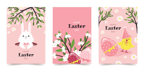 Set of festive spring delicate floral Easter templates with a cute rabbit and a chick for postcards, backgrounds, banners, posters, covers. Vector design.