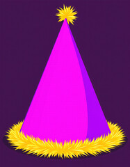 Party hat vector, cone shape, bright purple body, gold fringe, solid fills, clean outline, blank background.