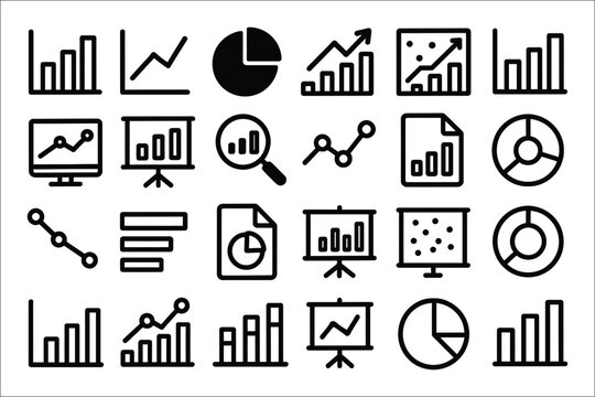Collection of black outline icons representing various charts and graphs vector