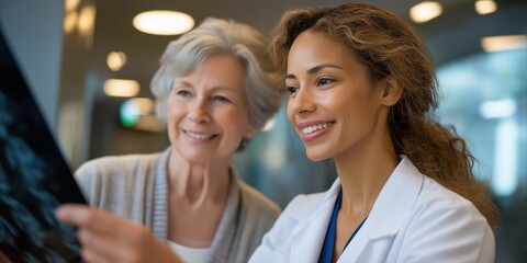 Young hispanic female doctor consulting mature caucasian female patient in hospital