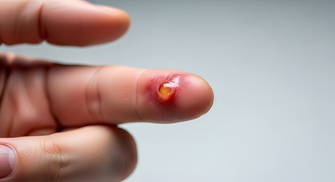 Macro shot of a human burned hand displaying a painful and infected blister, emphasizing an injury and wound care medical concept
