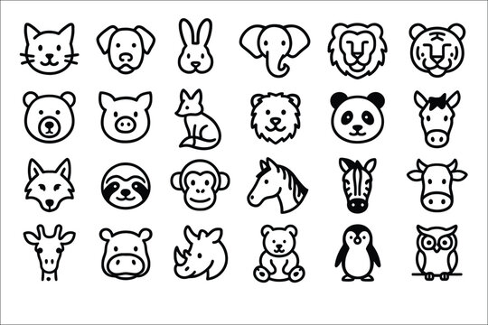Collection of simple black and white animal icons including cat dog rabbit elephant lion tiger bear pig fox sloth monkey