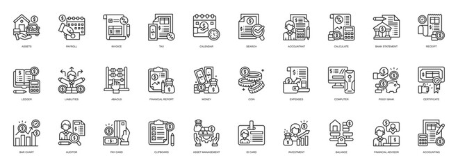 Account Management icon collection line style. containing Assets, Payroll, Invoice, Tax, Calendar, Search, Accountant, Bank Statement