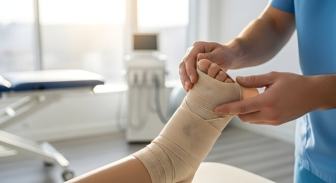A medical doctor is skillfully wrapping an injured ankle with a bandage in a modern clinic setting for a recovery and healthcare support concept. - Powered by Adobe