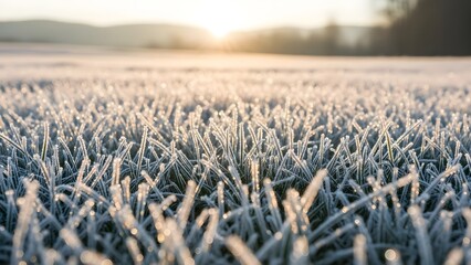 Frosty grass field at sunrise with hills and trees in the background, covered in ice and snow, serene winter landscape