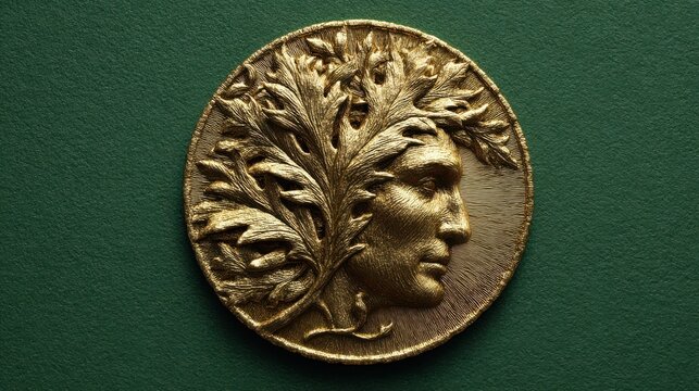 ecocoin a closeup shot features a detailed view of a gold coin on a green background the coins face bears the elegant imprint of a leaf - Powered by Adobe