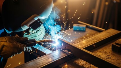 Skilled industrial worker performing precise arc welding on metal components, generating vibrant blue sparks and intense light in a dark workshop, highlighting focused craftsmanship and safety
