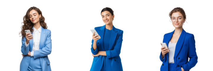 Set of Asian businesswoman in a tailored blue suit smiling confidently while using a smartphone on transparent png background. Ai generated