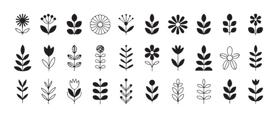Set of minimalist floral elements spring flower and leaves collection modern botanical vector design